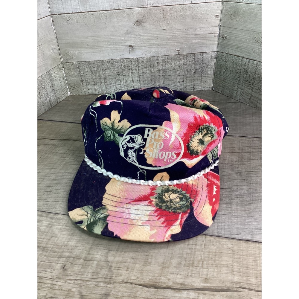 Vintage Bass Pro‎ Shops Floral Trucker Hat Navy Pink Snapback Rope Cap Mens OSFA